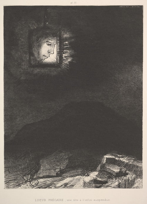 The vague glimmer of a head suspended in space (1891)  by Odilon Redon