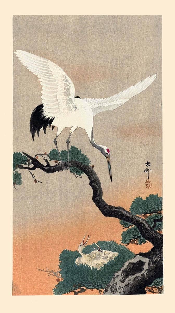 Japanese Crane with babies by Koson Wall Hanging