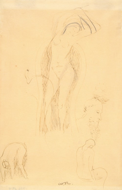 Sheet of studies (Nu et Profil Barbu or Feuille d’Etudes avec Nu Feminin)  by Odilon Redon