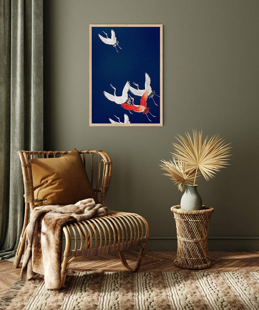 Cranes in Blue Japanese Art Poster