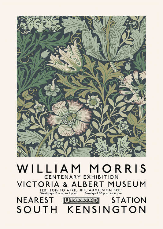 Póster de la exposición de William Morris, Art Nouveau, Victoria and Albert Museum, estampado de flores de Morris, decoración del hogar, arte mural