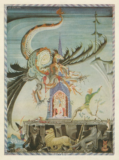 Entonces el dragón intentó lanzarse contra el cazador, pero éste hizo girar su espada y cortó tres cabezas de la bestia (1900 - 1909) de Kay Rasmus Nielsen