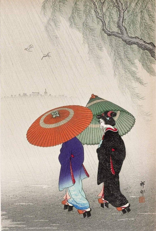 Póster de Ohara Koson, arte mural japonés, póster vintage, arte retro, dos mujeres bajo la lluvia, papel de archivo de alta calidad, tamaños grandes