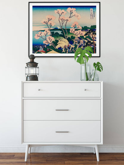 Flor de cerezo Goten-Yama Hill, Shinagawa en el Tokaido por Hokusai Póster