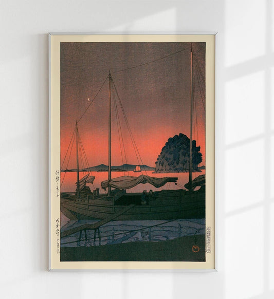 Puesta de sol en el puerto, por Hasui