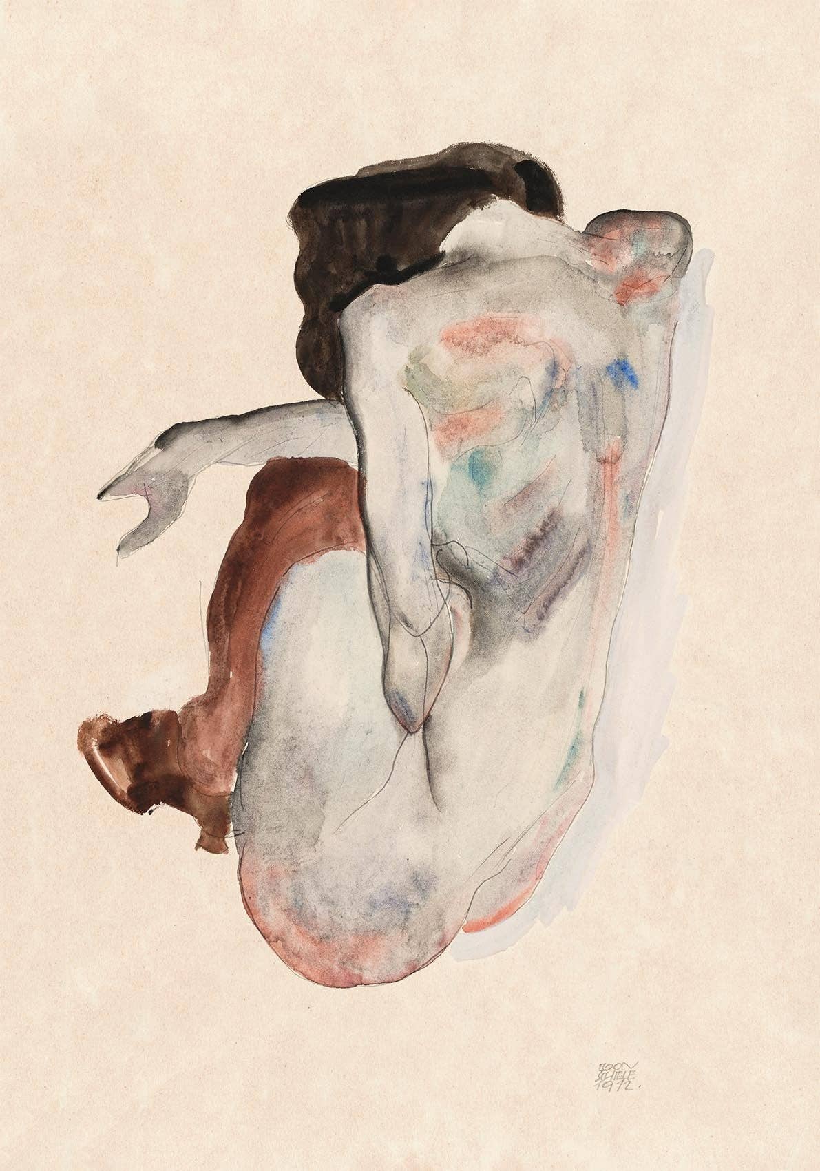 Desnudo en cuclillas con zapatos y medias negras de Egon Schiele