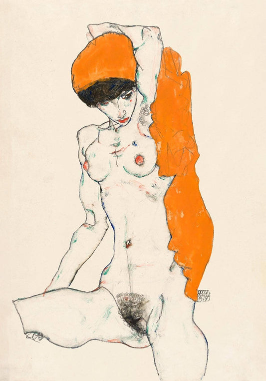 Desnudo de pie con drapeado naranja de Egon Schiele