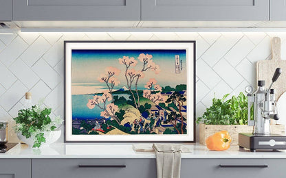 Flor de cerezo Goten-Yama Hill, Shinagawa en el Tokaido por Hokusai Póster