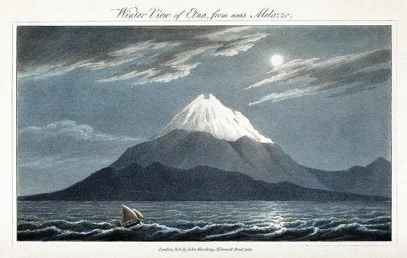 Mount Etna, snow-capped, by moonlight. Colour aquatint, 1815