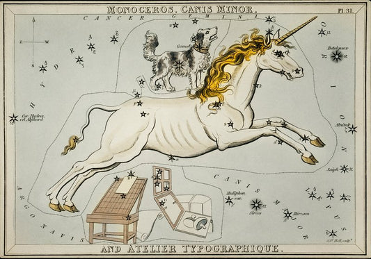 Ilustración de la carta astronómica del Monoceros, Canis Minor y el Atelier Typographique de Syndey Hall