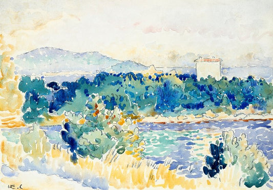 Paisaje mediterráneo con casa blanca (1900-1905) de Henri-Edmond Cross