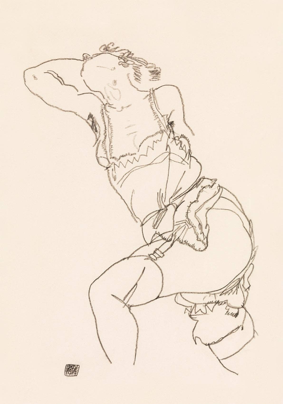 Modelo reclinada en camisón y medias de Egon Schiele