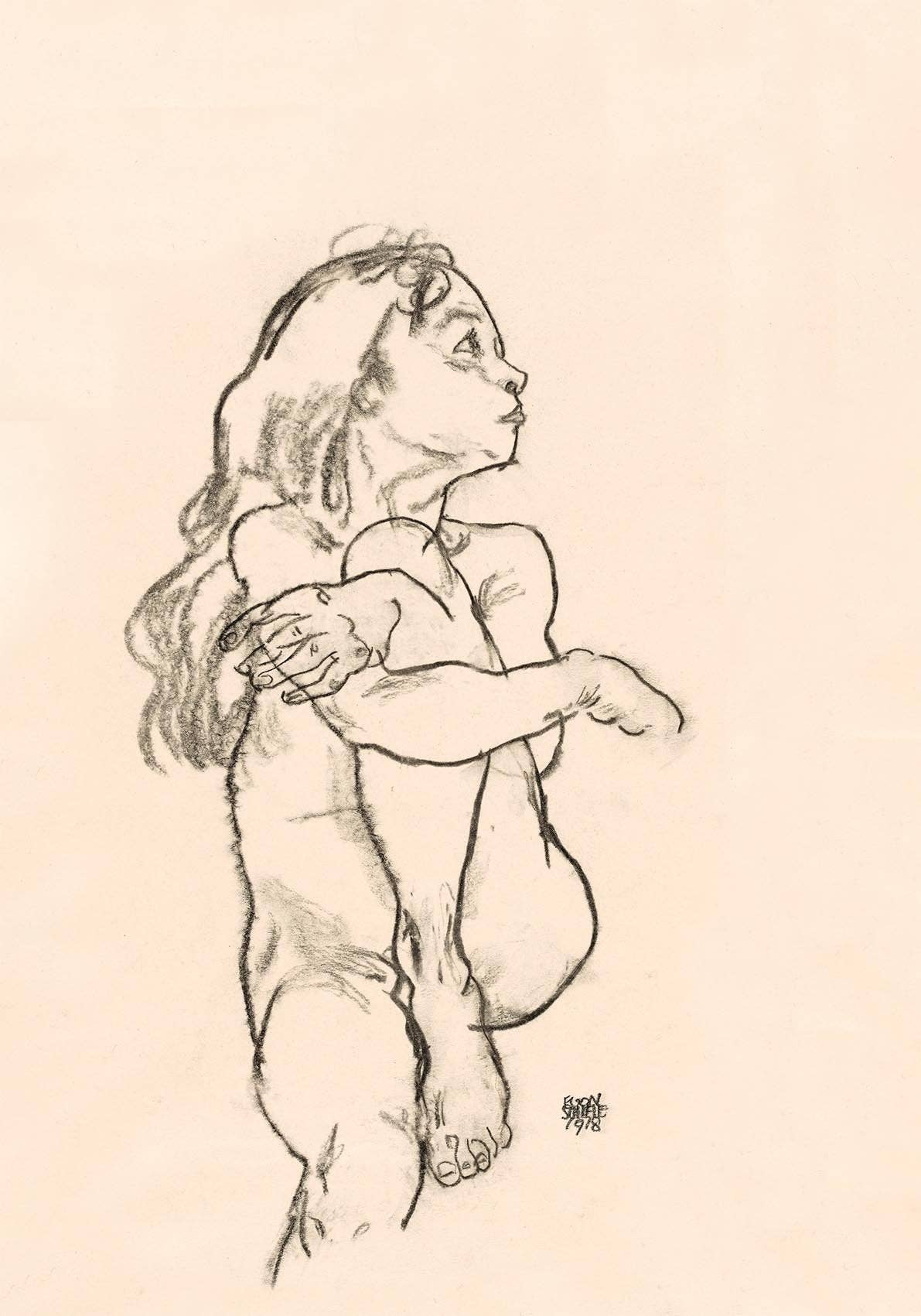 Chica desnuda sentada agarrándose la rodilla izquierda, de Egon Schiele