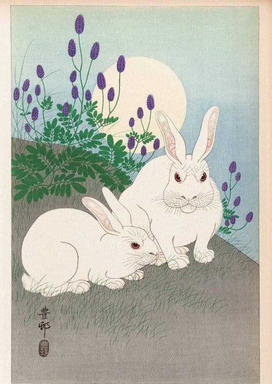 Conejos en luna llena de Ohara Koson