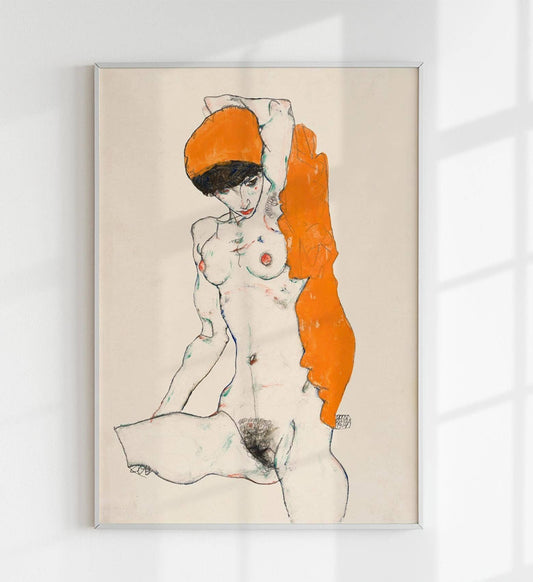 Desnudo de pie con drapeado naranja de Egon Schiele