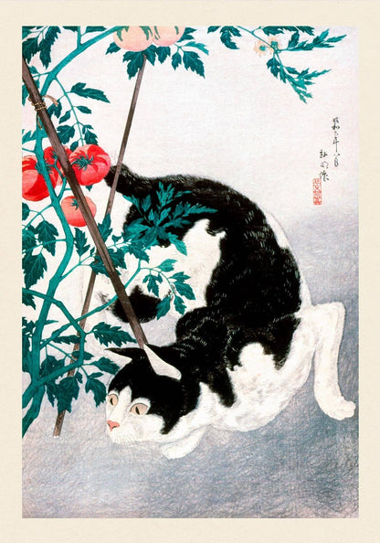 Gato con planta de tomates de Takahashi Shōtei
