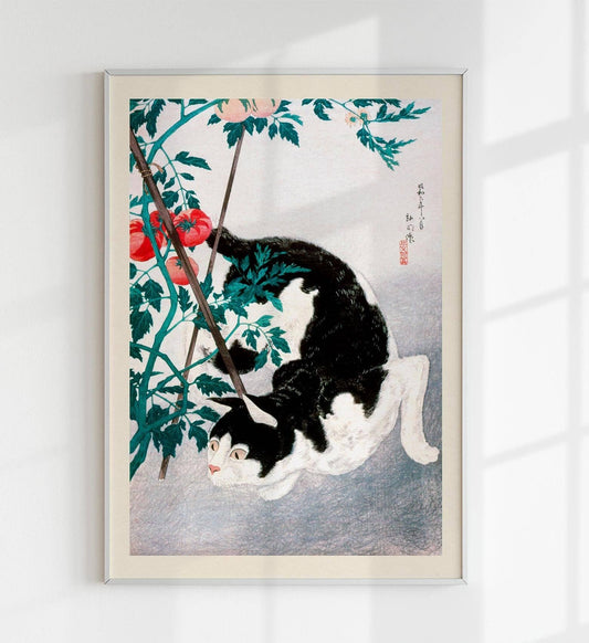 Gato con planta de tomates de Takahashi Shōtei