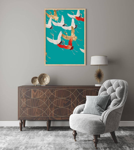 Cranes in the Sky Cyan Japanese Art Poster