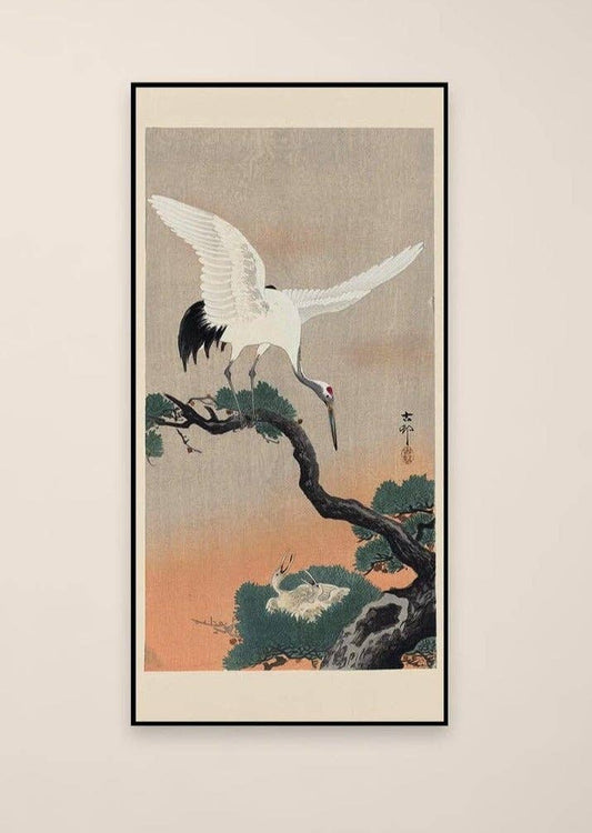 Japanese Crane with babies by Koson Wall Hanging