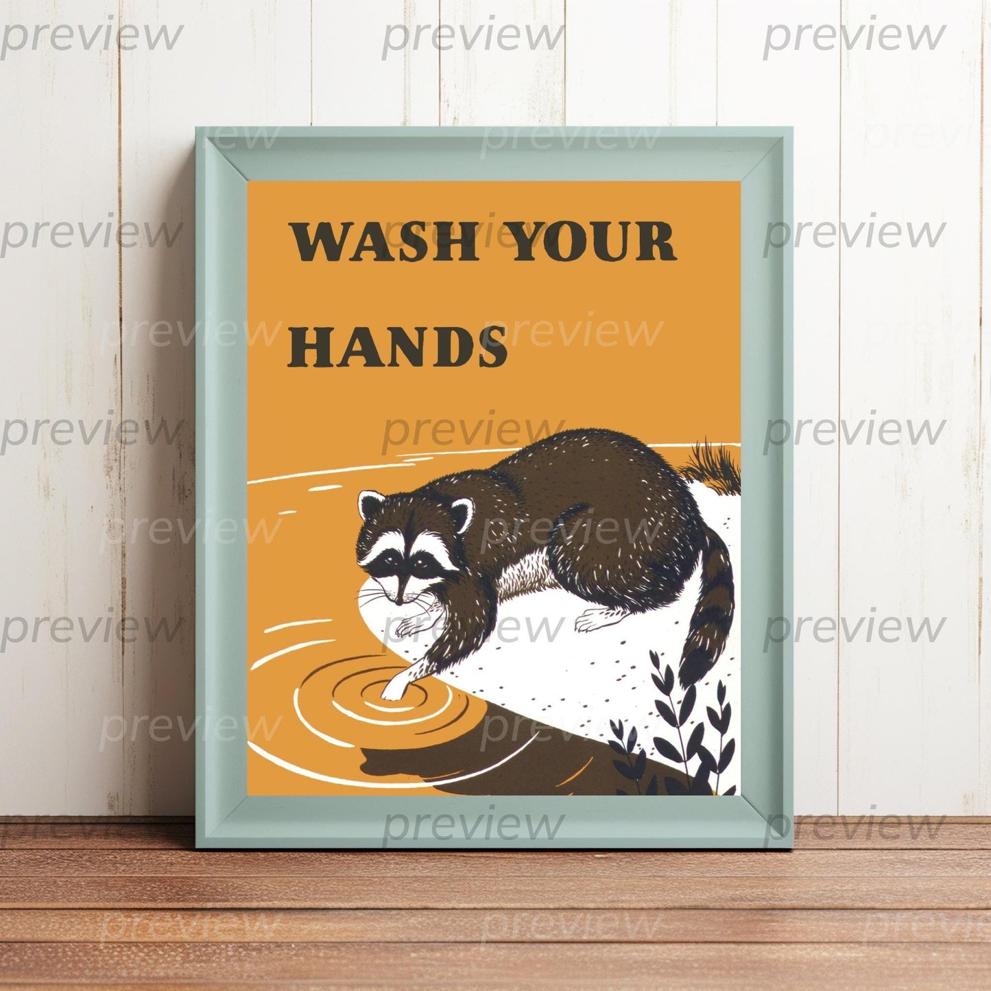 Wash Your Hands Raccoon Hygiene Poster Digital Download Art for Bathroom Printable Instant Download