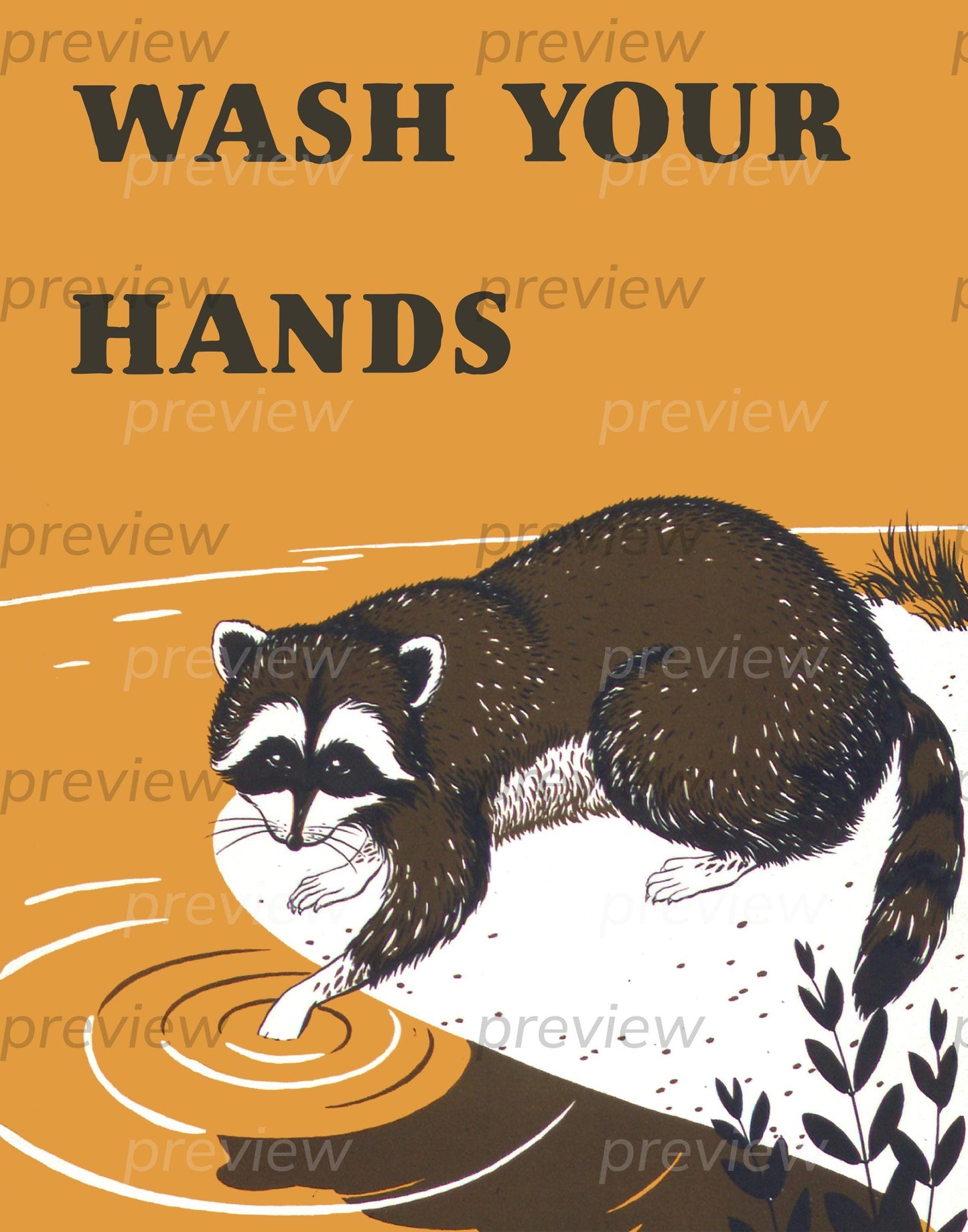 Wash Your Hands Raccoon Hygiene Poster Digital Download Art for Bathroom Printable Instant Download