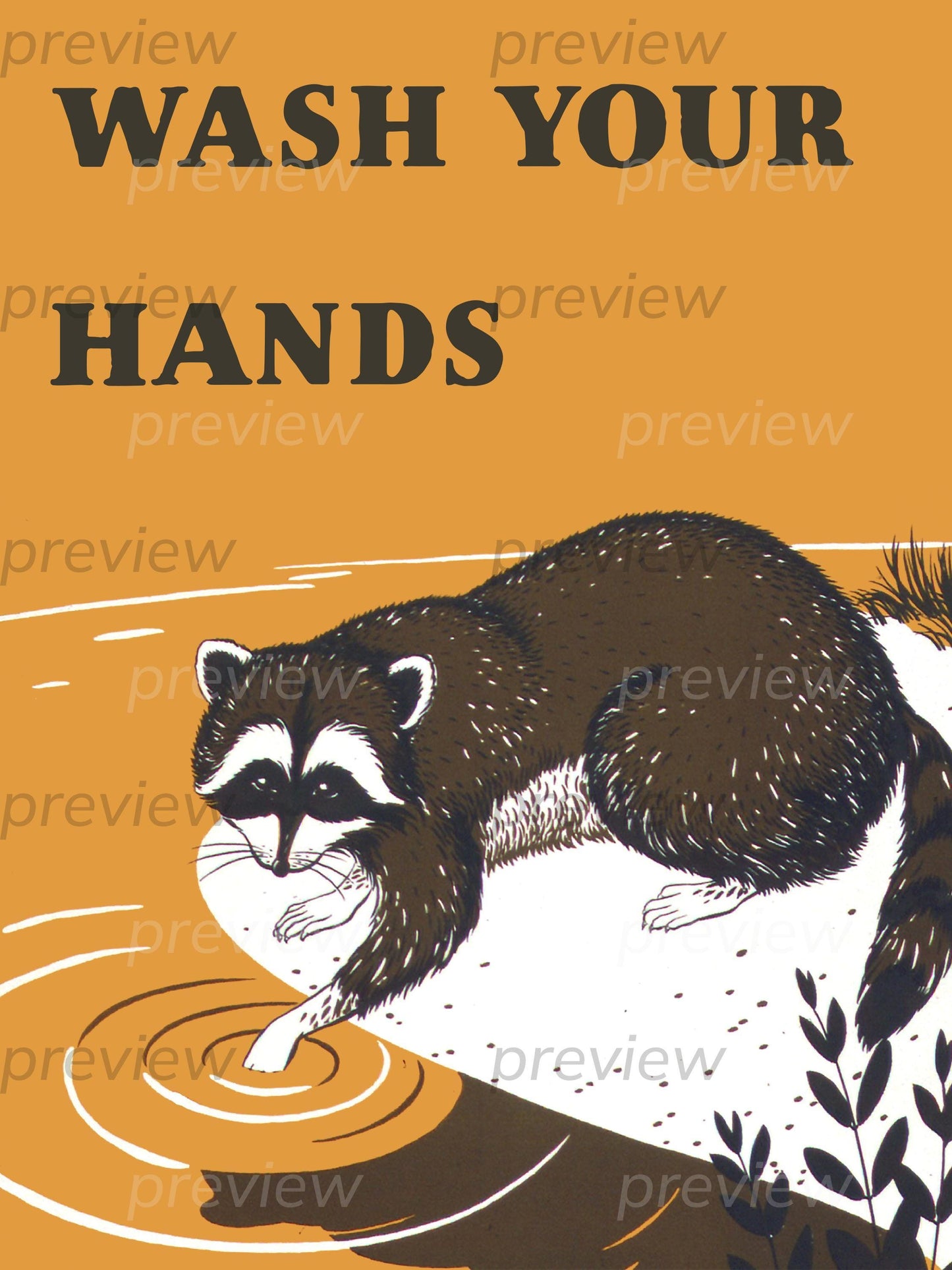 Wash Your Hands Raccoon Hygiene Poster Digital Download Art for Bathroom Printable Instant Download