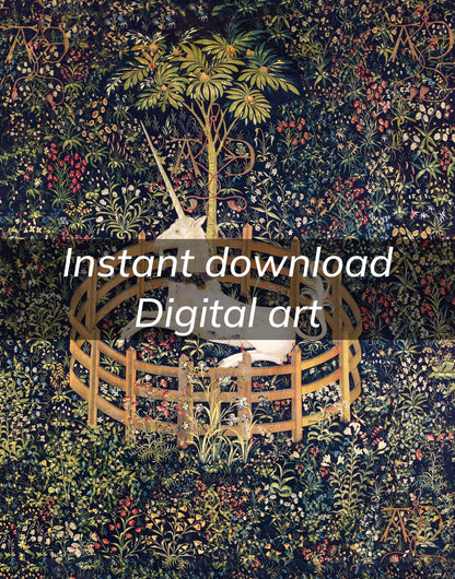 Medieval Unicorn Tapestry Digital Art Printable Instant Download Enchanting Wall Decor for girls room or nursery. renn faire art