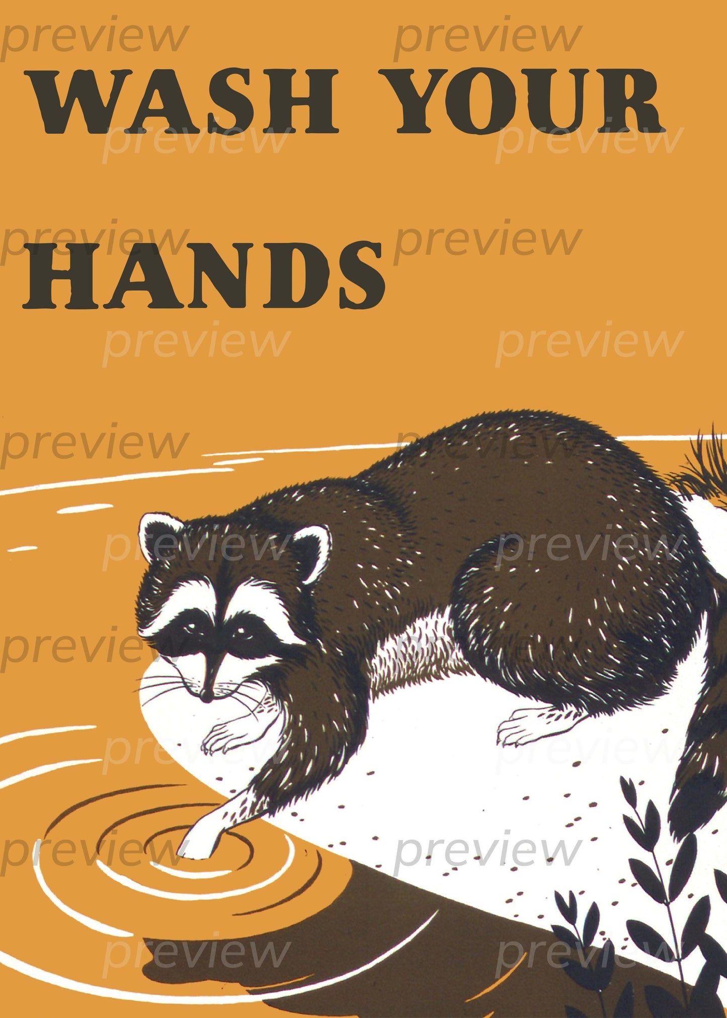 Wash Your Hands Raccoon Hygiene Poster Digital Download Art for Bathroom Printable Instant Download