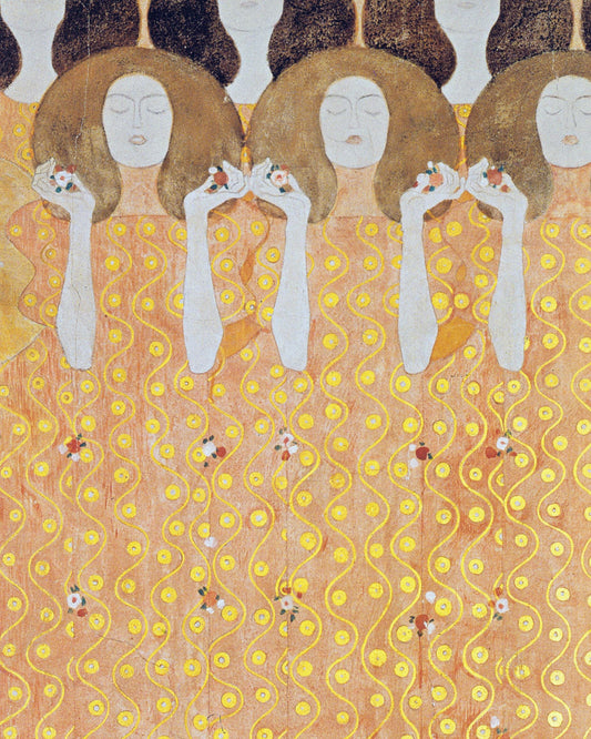 Impresionante arte digital para pared imprimible con mujeres de Gustav Klimt en amarillo y dorado: diseño floral de descarga instantánea para decoración del hogar y galería de pared