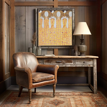 Impresionante arte digital para pared imprimible con mujeres de Gustav Klimt en amarillo y dorado: diseño floral de descarga instantánea para decoración del hogar y galería de pared