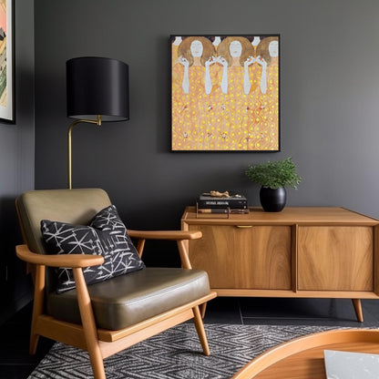 Impresionante arte digital para pared imprimible con mujeres de Gustav Klimt en amarillo y dorado: diseño floral de descarga instantánea para decoración del hogar y galería de pared