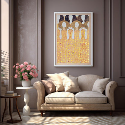 Impresionante arte digital para pared imprimible con mujeres de Gustav Klimt en amarillo y dorado: diseño floral de descarga instantánea para decoración del hogar y galería de pared