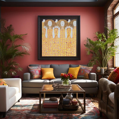 Impresionante arte digital para pared imprimible con mujeres de Gustav Klimt en amarillo y dorado: diseño floral de descarga instantánea para decoración del hogar y galería de pared