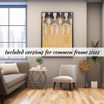 Impresionante arte digital para pared imprimible con mujeres de Gustav Klimt en amarillo y dorado: diseño floral de descarga instantánea para decoración del hogar y galería de pared