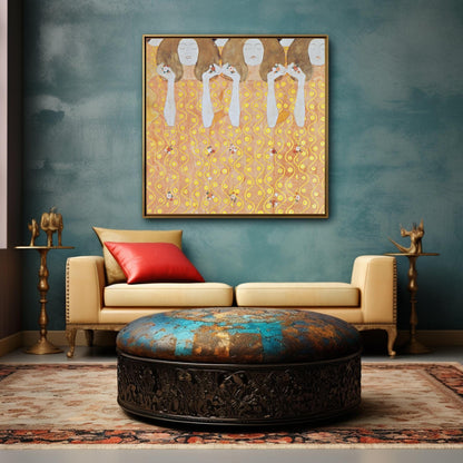 Impresionante arte digital para pared imprimible con mujeres de Gustav Klimt en amarillo y dorado: diseño floral de descarga instantánea para decoración del hogar y galería de pared