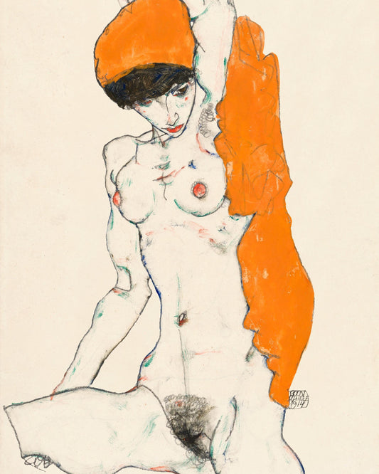 Desnudo de pie con drapería naranja de Egon Schiele Arte de línea erótico Arte digital vibrante Arte de pared imprimible - Descarga instantánea