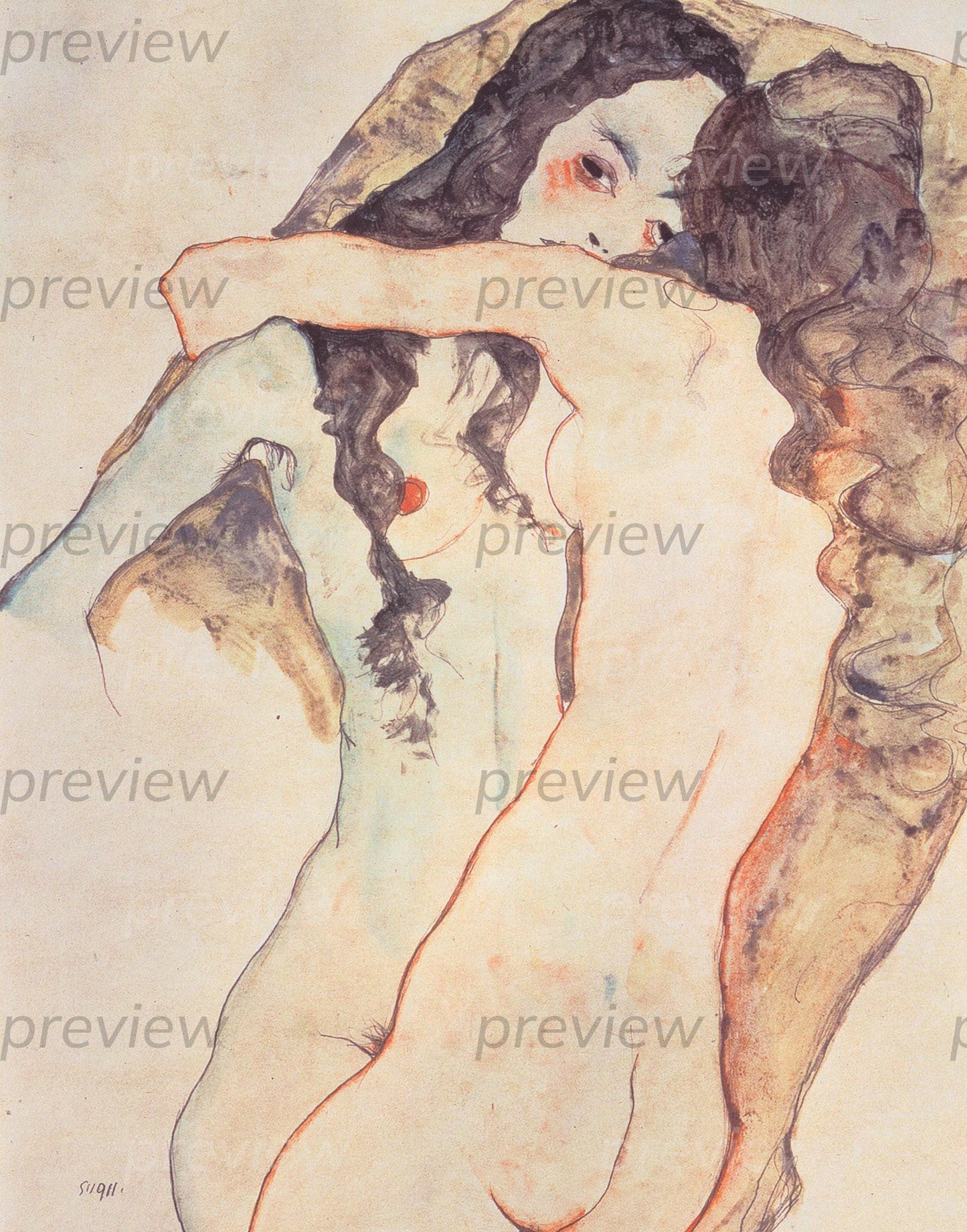 Two Women Embracing 1911 by Egon Schiele Digital Art Printable Romantic Queer Love Instant Download