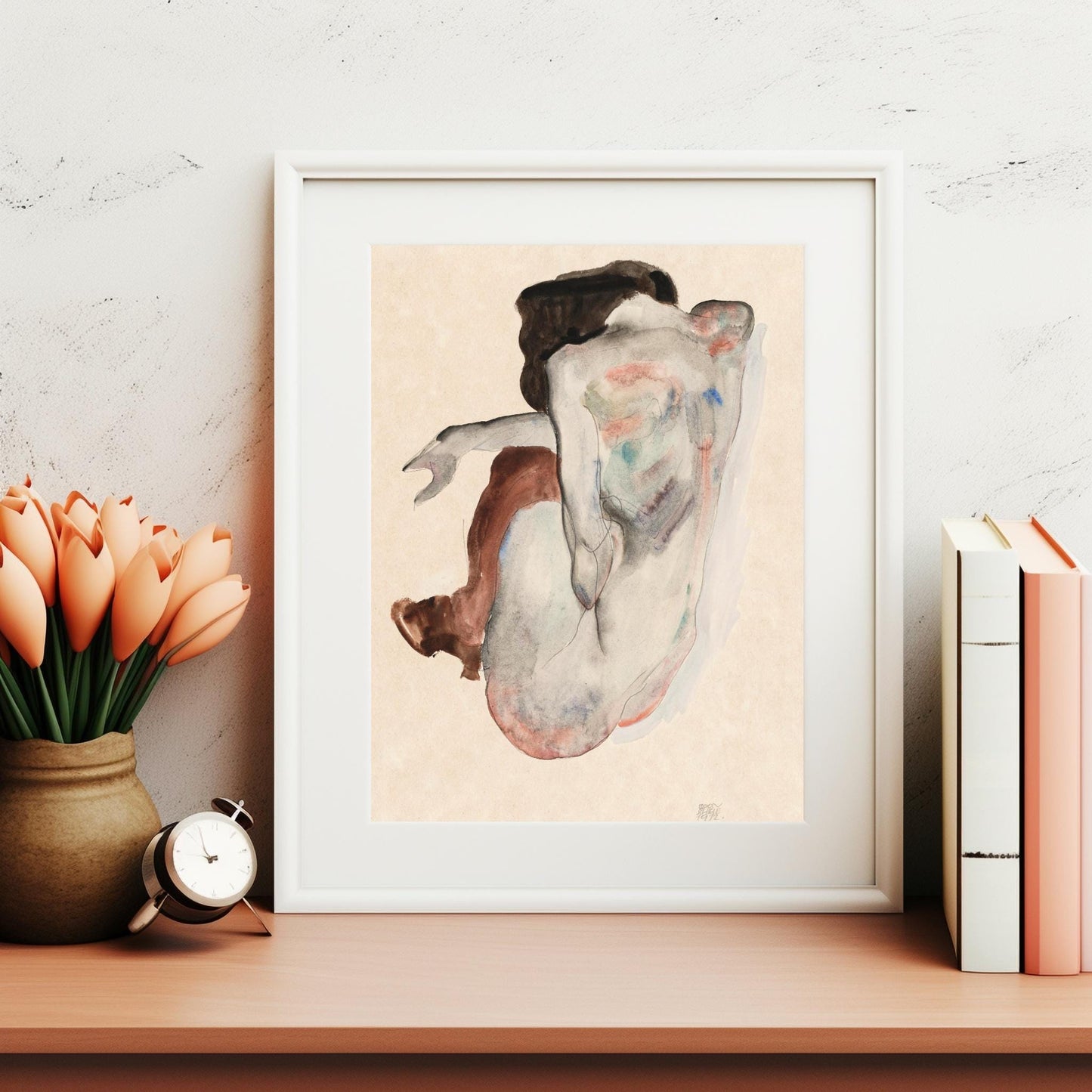 Crouching Nude in Shoes and Black Stockings by Egon Schiele - Digital Download Wall Art - Printable Instant Download