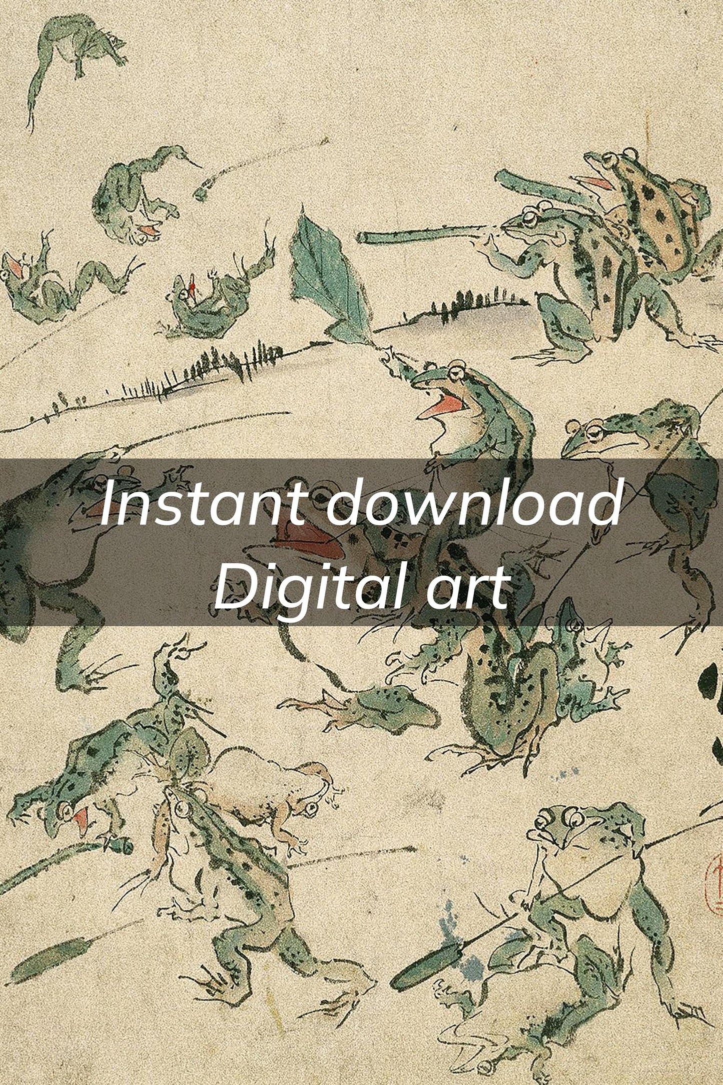 Battle of the Frogs Japanese woodblock Art Digital Image Printable Instant Download frog lover wall art