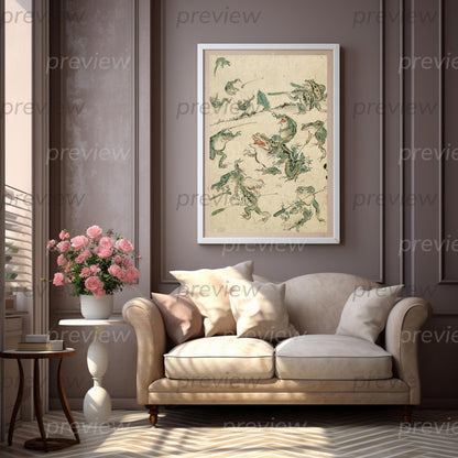 Arte en madera japonés de la Batalla de las Ranas Imagen digital Imprimible Descarga instantánea Arte mural para amantes de las ranas