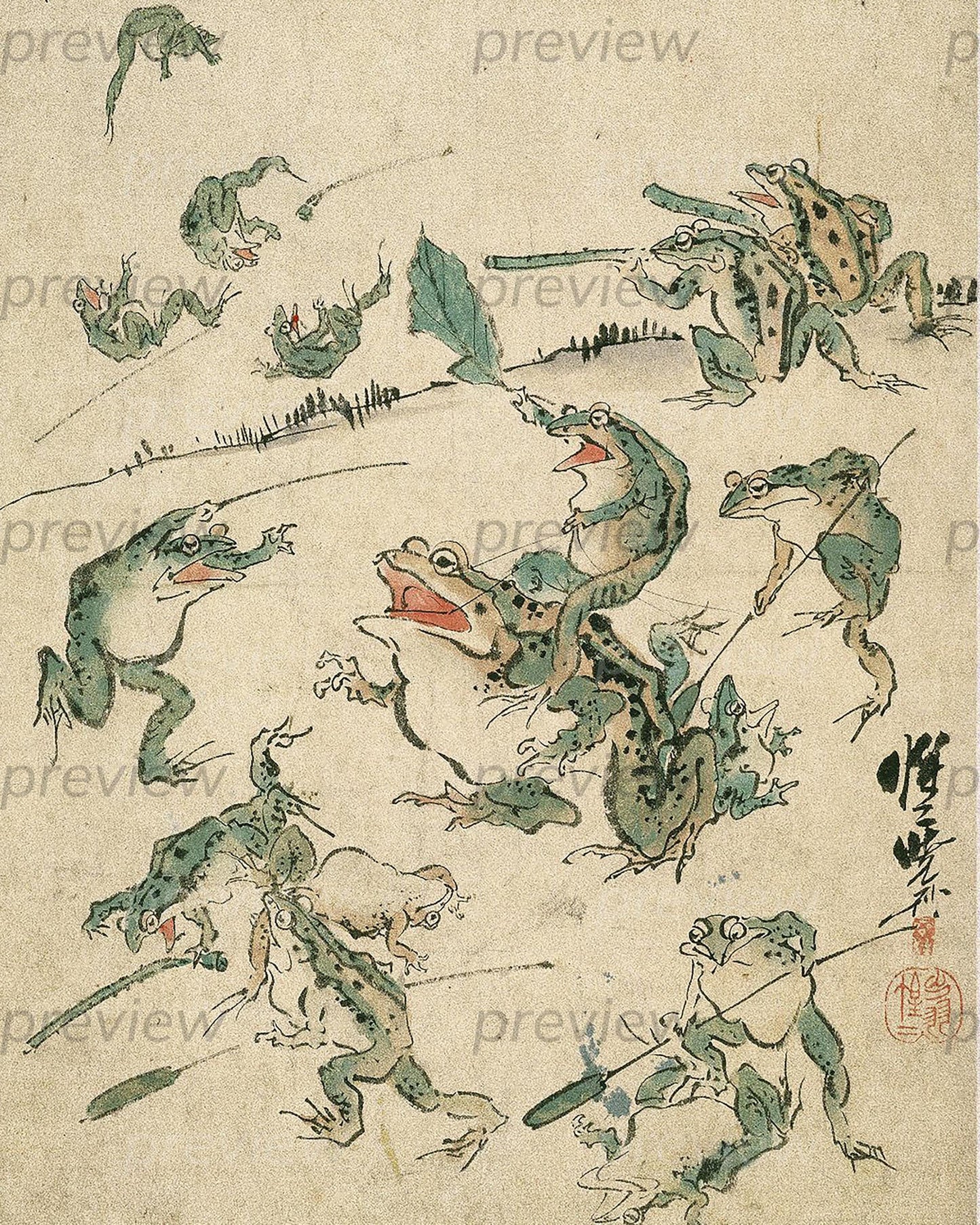 Battle of the Frogs Japanese woodblock Art Digital Image Printable Instant Download frog lover wall art