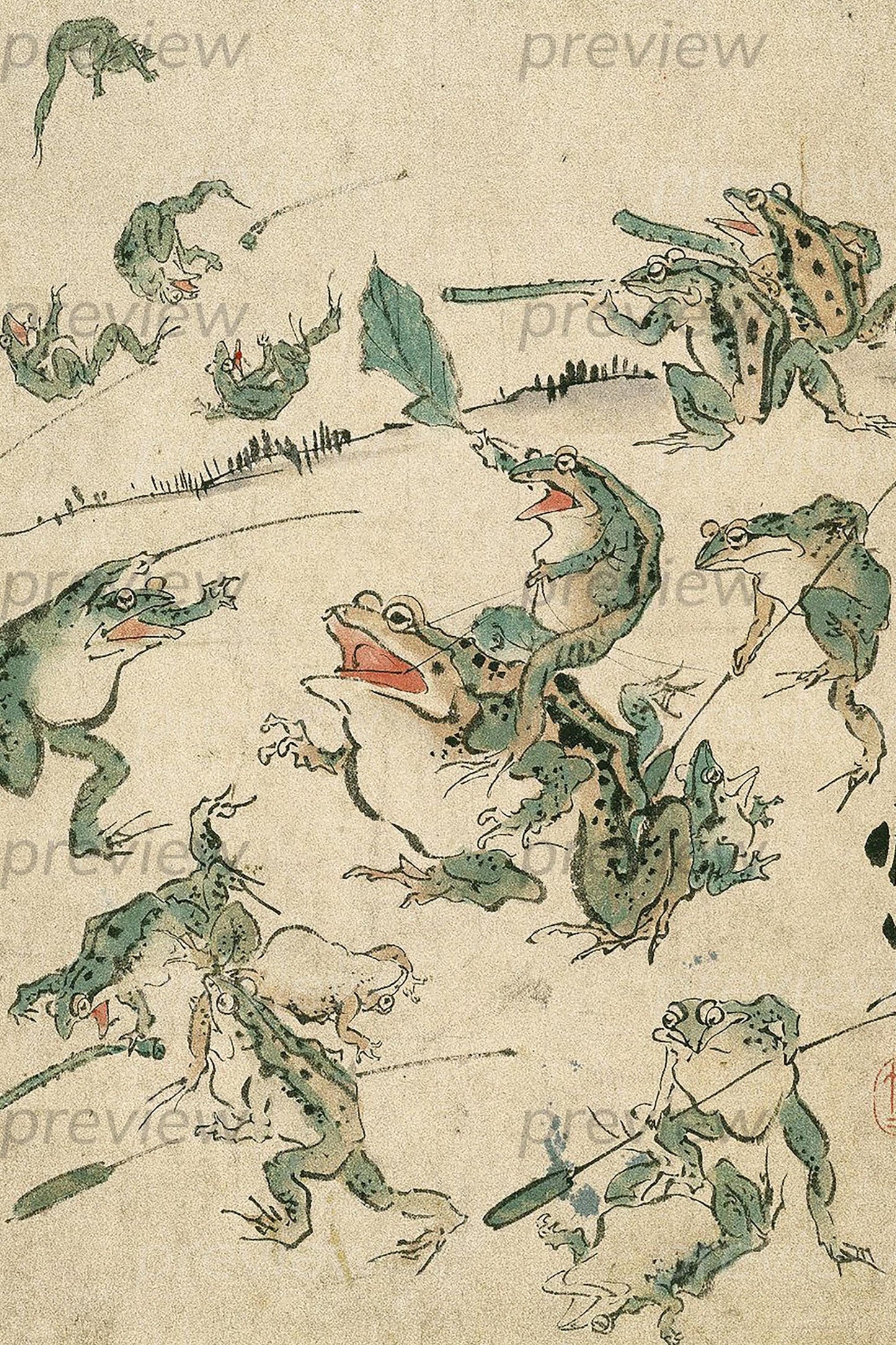 Battle of the Frogs Japanese woodblock Art Digital Image Printable Instant Download frog lover wall art