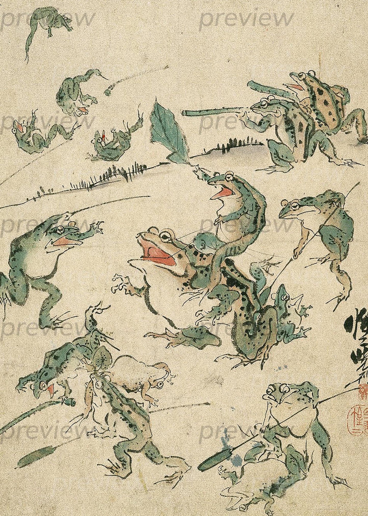 Battle of the Frogs Japanese woodblock Art Digital Image Printable Instant Download frog lover wall art