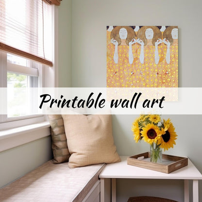 Impresionante arte digital para pared imprimible con mujeres de Gustav Klimt en amarillo y dorado: diseño floral de descarga instantánea para decoración del hogar y galería de pared
