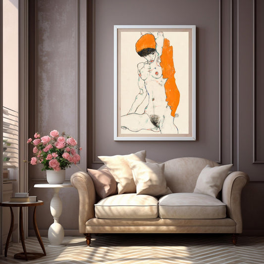 Desnudo de pie con drapería naranja de Egon Schiele Arte de línea erótico Arte digital vibrante Arte de pared imprimible - Descarga instantánea