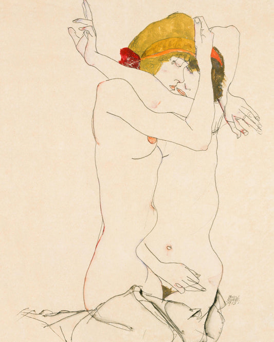 Dos mujeres abrazándose 1913 de Egon Schiele - Arte erótico lésbico moderno Descarga digital Arte mural Imprimible Descarga instantánea