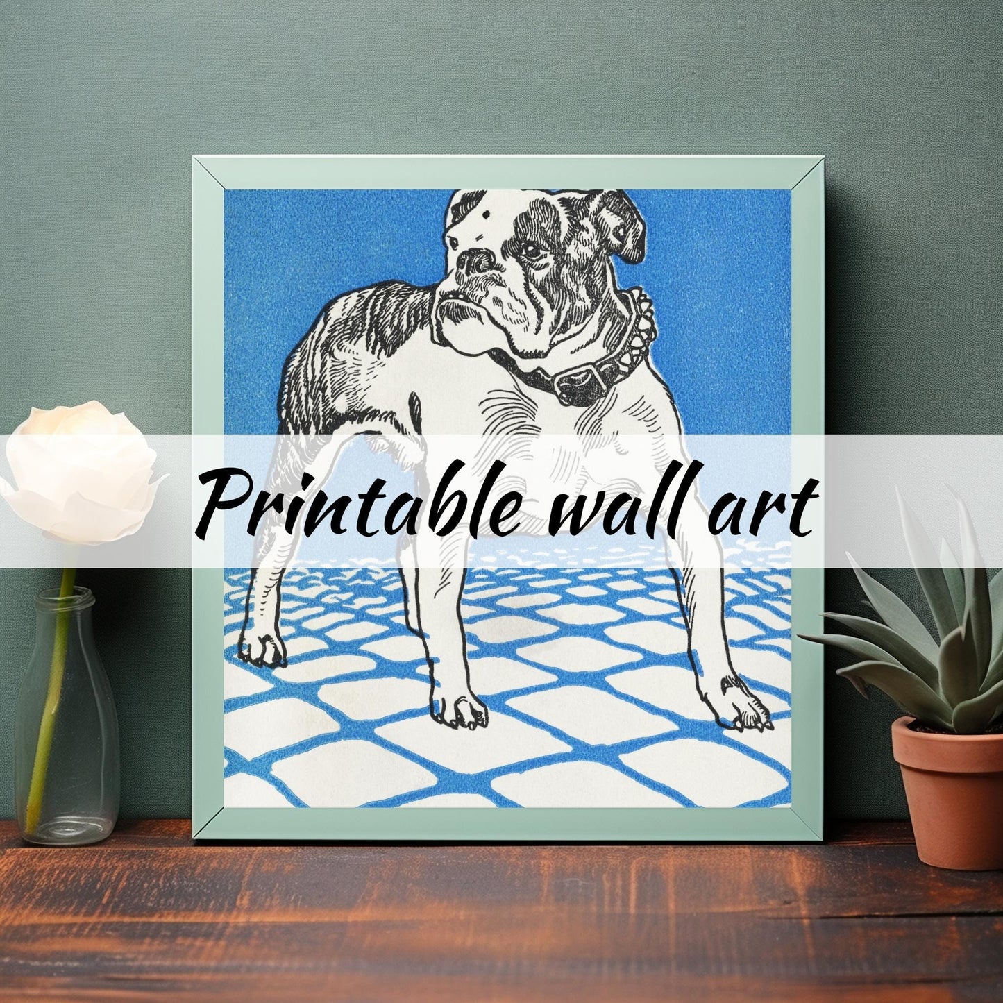 Blue Bulldog by Moritz Jung - Digital Instant Download - Printable Bulldog Illustration in Blue