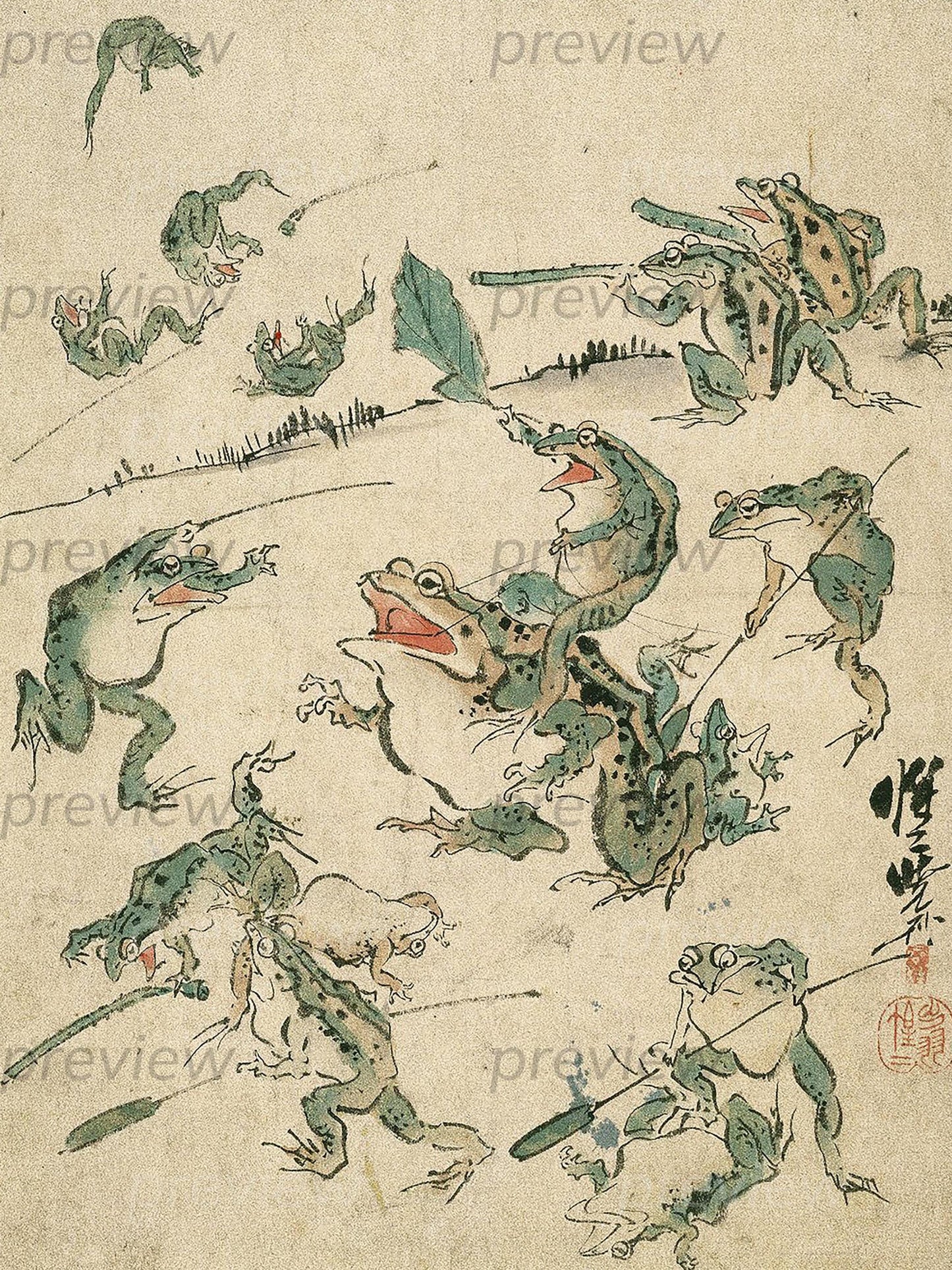 Battle of the Frogs Japanese woodblock Art Digital Image Printable Instant Download frog lover wall art