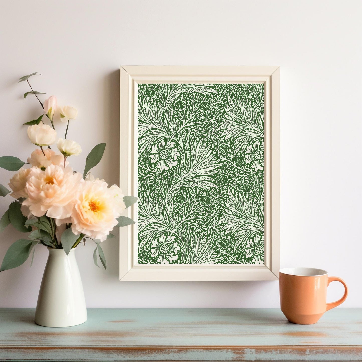 William Morris Inspired Vintage Green and White Floral Art Deco Pattern - Digital Art for Wall Decor and Printable Downloads