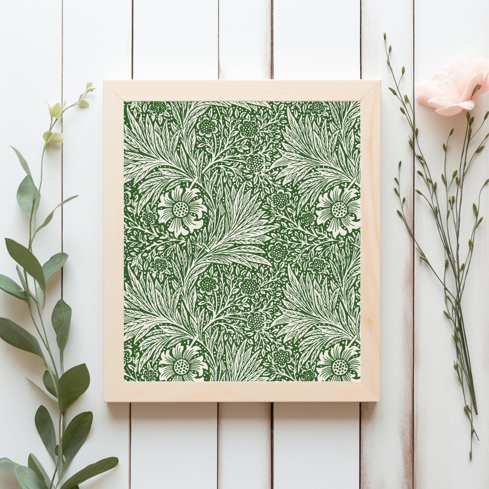 William Morris Inspired Vintage Green and White Floral Art Deco Pattern - Digital Art for Wall Decor and Printable Downloads